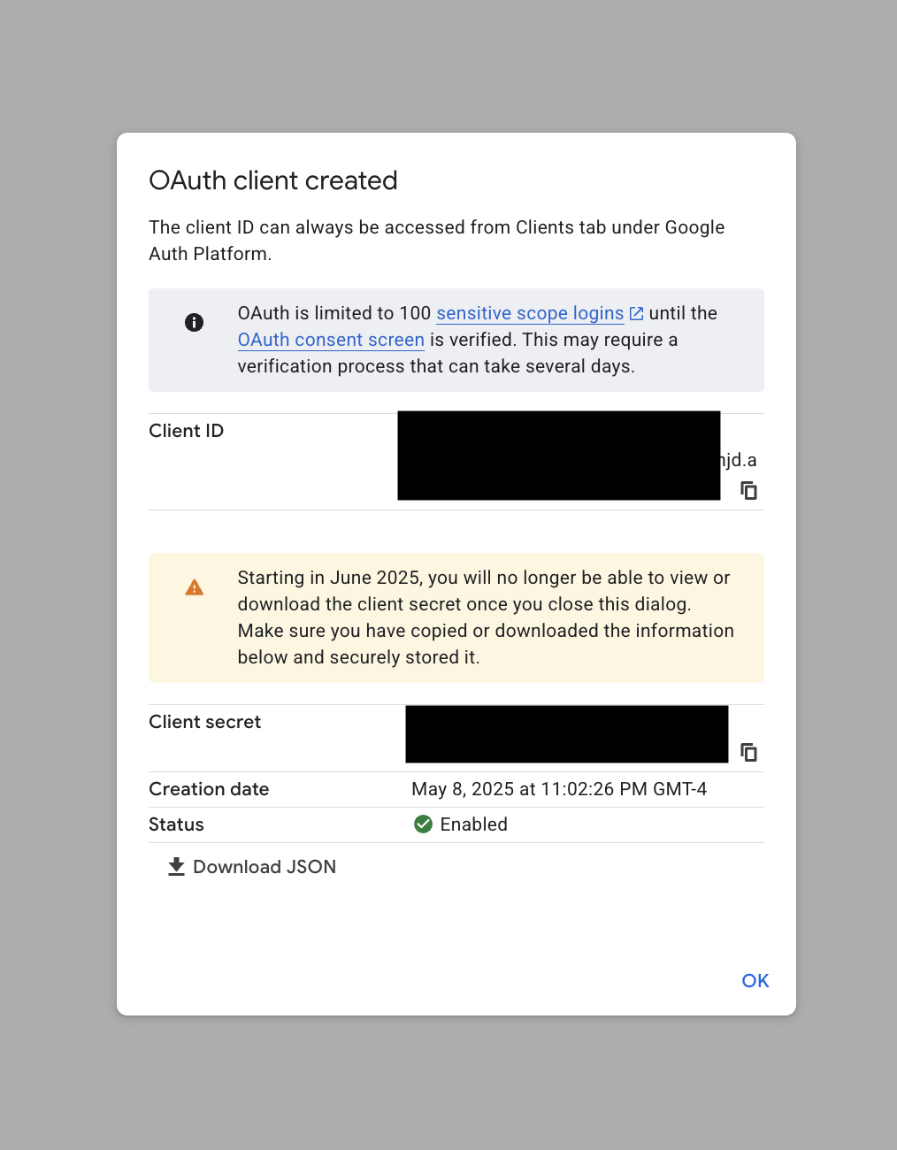OAuth client created